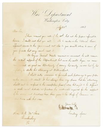 (CIVIL WAR.) STANTON, EDWIN M. Two letters Signed, as Secretary of War: LS, to Alexander K. McClure * ALS, to President Andrew Johnson.